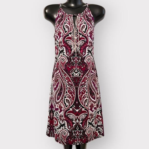 INC Womens Jewel Neck Mini Shift Dress with Bling sz M Black Burgundy Paisley - Picture 1 of 7
